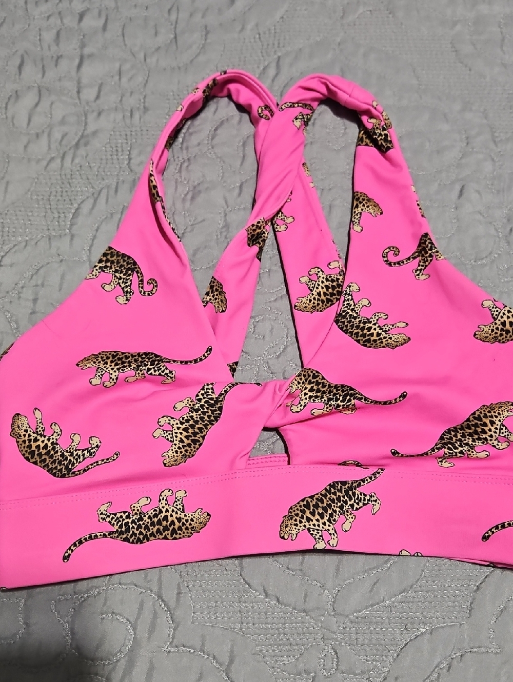 Fabletics Pink Leopard Print Twist-Front Sports Bra